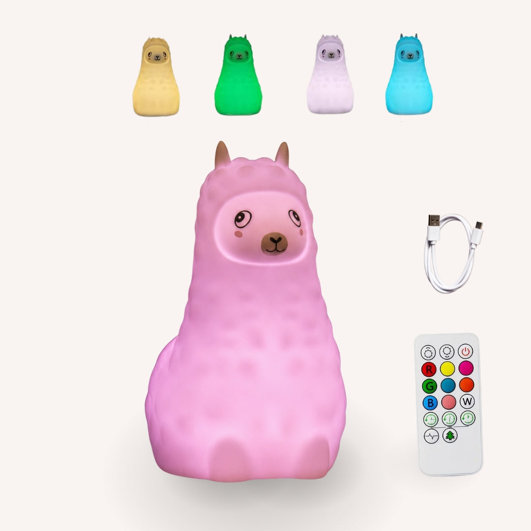 Lightie Llama silicone night light shown in four colour modes including warm white, blue, pink, and purple with USB charging cable and remote control included