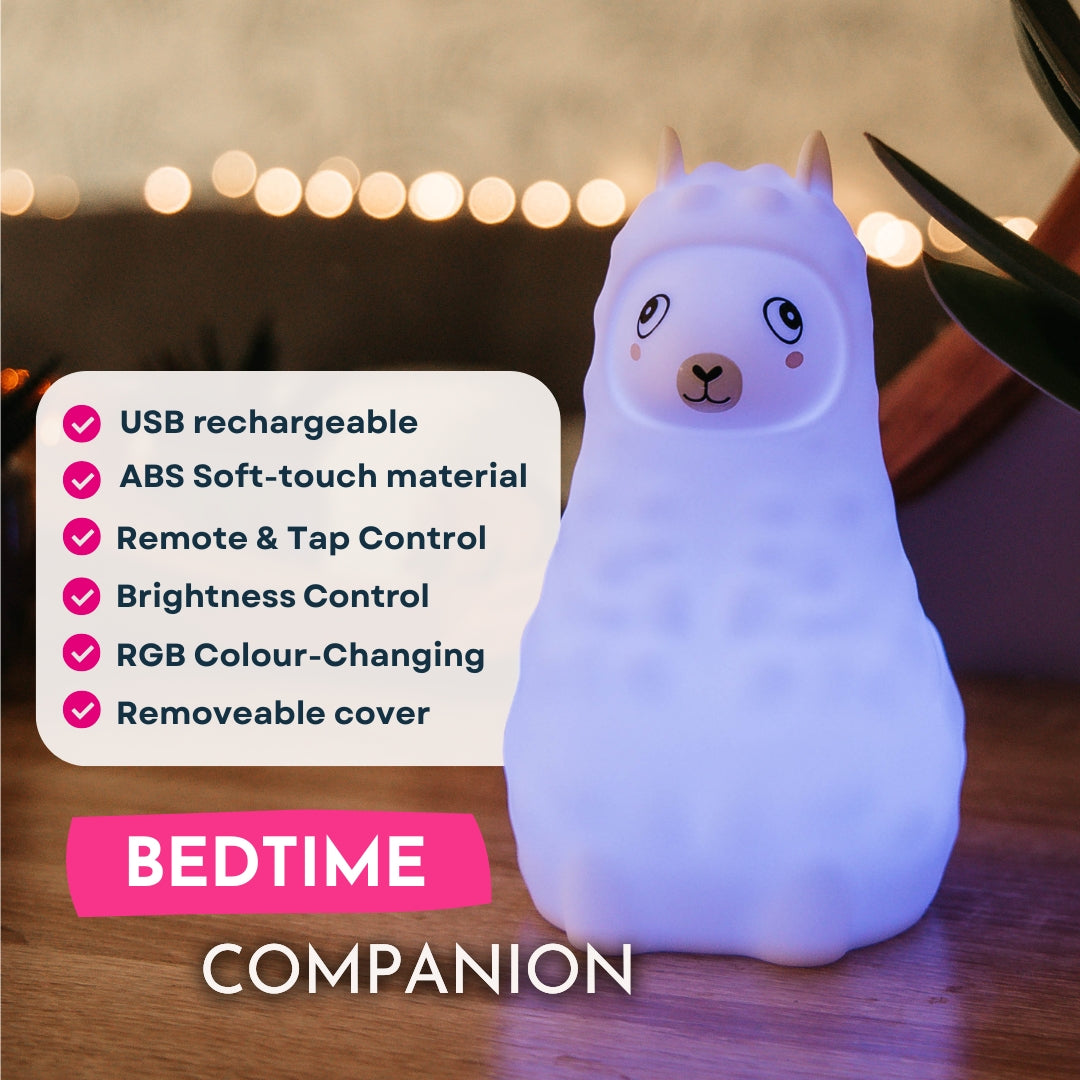 Feature graphic for Lightie Llama kids night light listing USB rechargeable, ABS soft touch material, remote and tap control, brightness control, RGB colour changing, and removable cover with bedtime companion callout