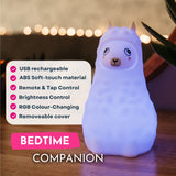 Feature graphic for Lightie Llama kids night light listing USB rechargeable, ABS soft touch material, remote and tap control, brightness control, RGB colour changing, and removable cover with bedtime companion callout