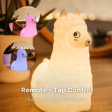 Lightie Llama night light glowing pink with remote and tap control and colour changing and dimmable callouts and insets showing orange and green colour modes