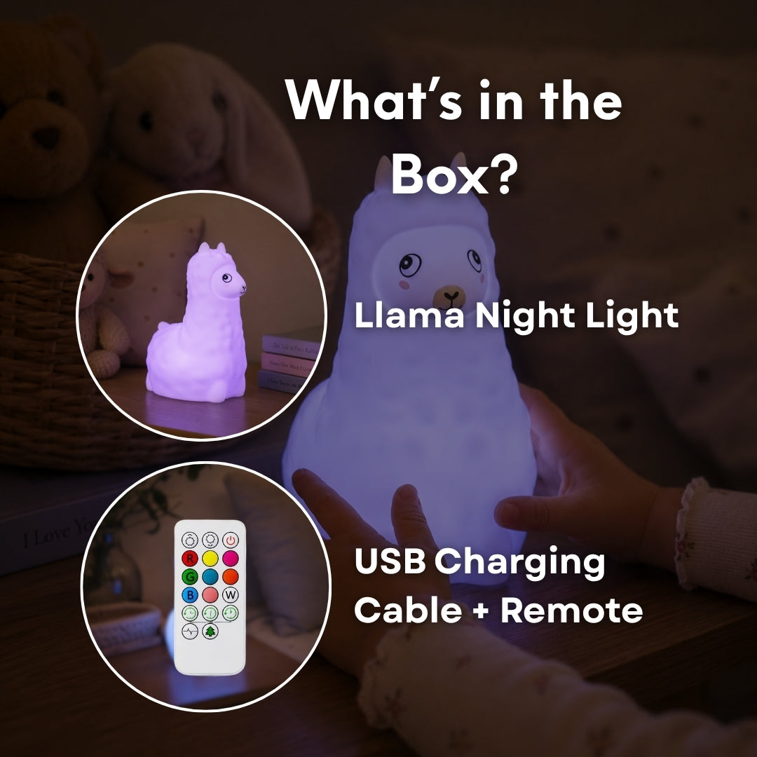 What's in the box graphic for Lightie Llama night light showing the Fox night light, USB charging cable, and remote control
