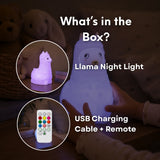 What's in the box graphic for Lightie Llama night light showing the Fox night light, USB charging cable, and remote control