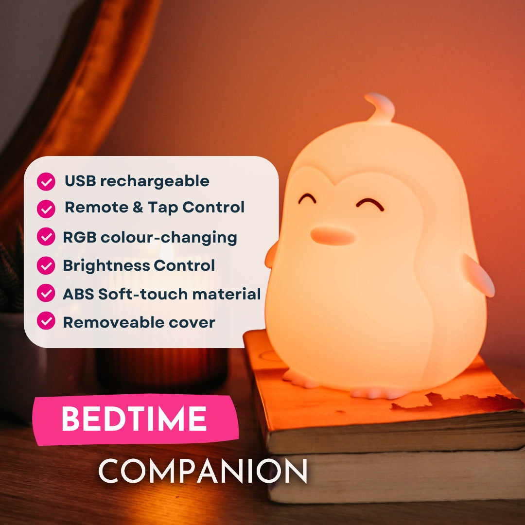 Feature graphic for Lightie Penguin kids night light listing USB rechargeable, ABS soft touch material, remote and tap control, brightness control, RGB colour changing, and removable cover with bedtime companion callout