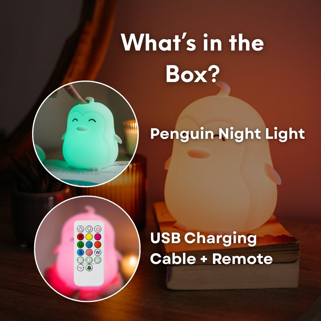 What's in the box graphic for Lightie Penguin night light showing the Fox night light, USB charging cable, and remote control