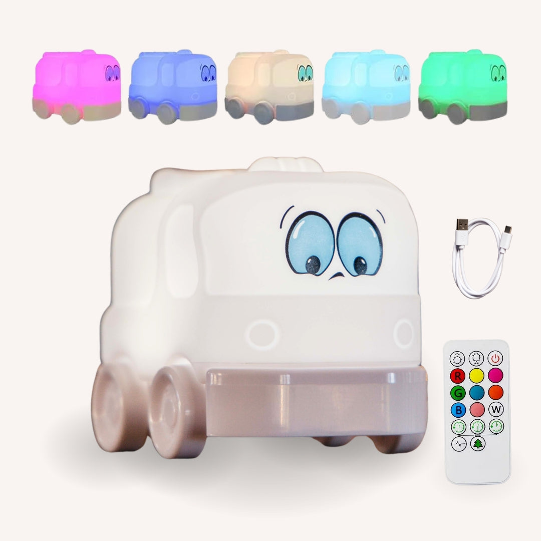 Lightie Truck silicone night light shown in multiple colour modes with USB charging cable and remote control included