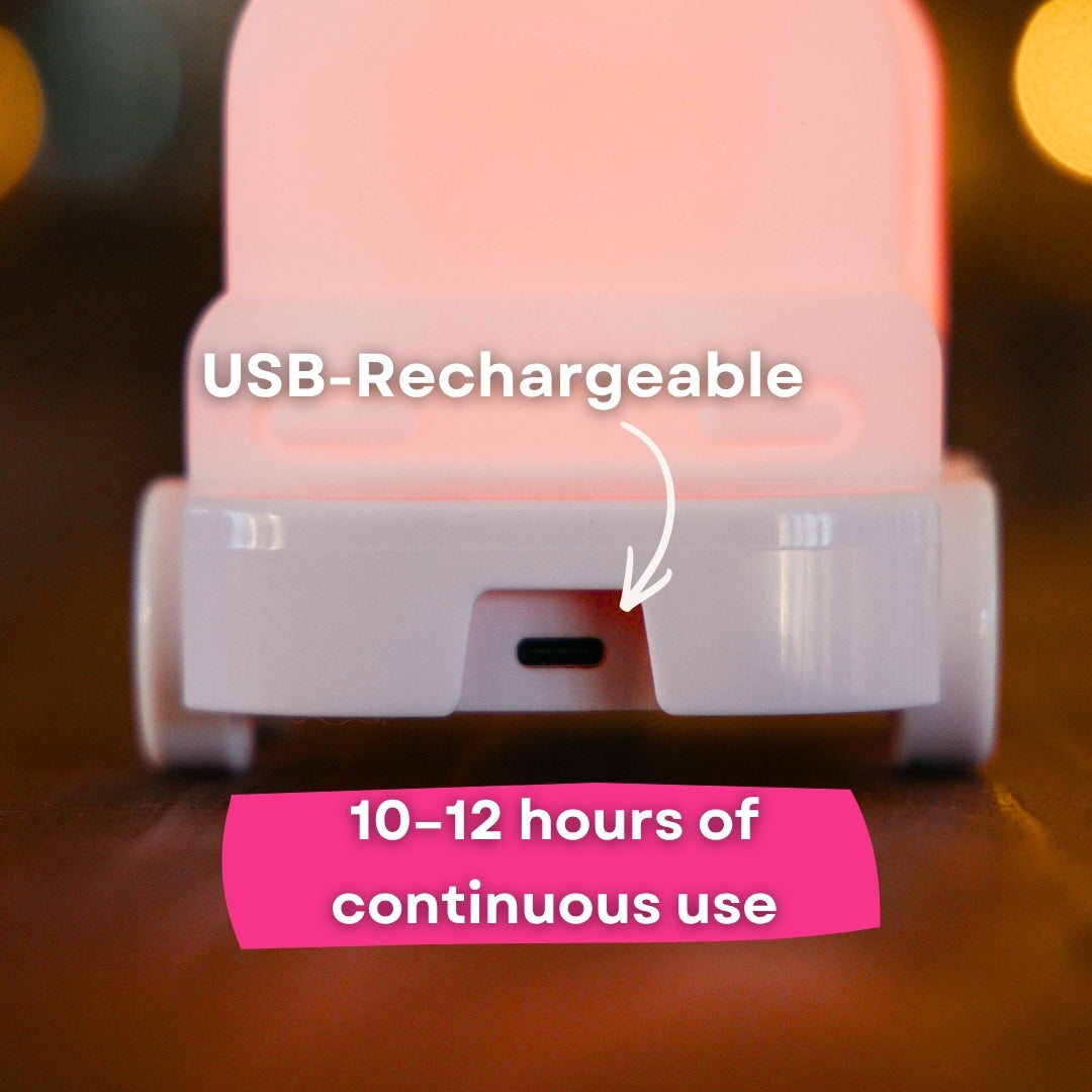 Close-up of USB C charging port on the base of the Lightie Truck night light with 10 to 12 hours of continuous use and USB rechargeable callouts