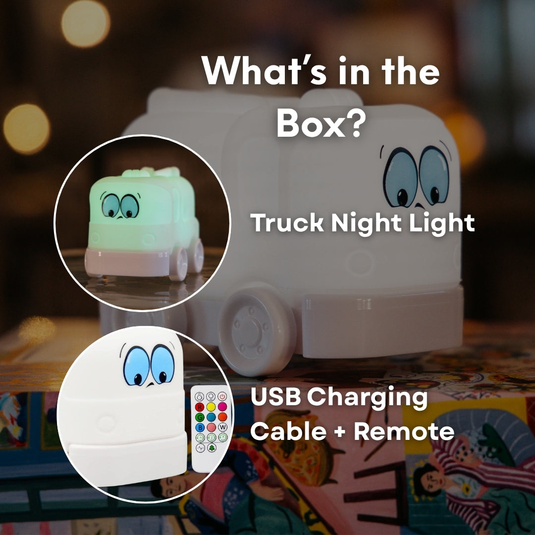 What's in the box graphic for Lightie Truck kids night light showing the truck night light, USB charging cable, and remote control