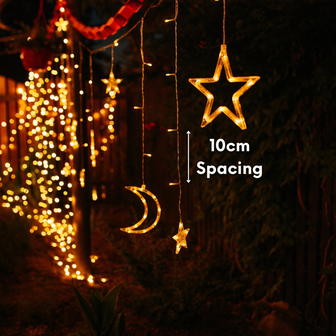 10cm spacing between LED pendants on Moon and Star Curtain Fairy Lights