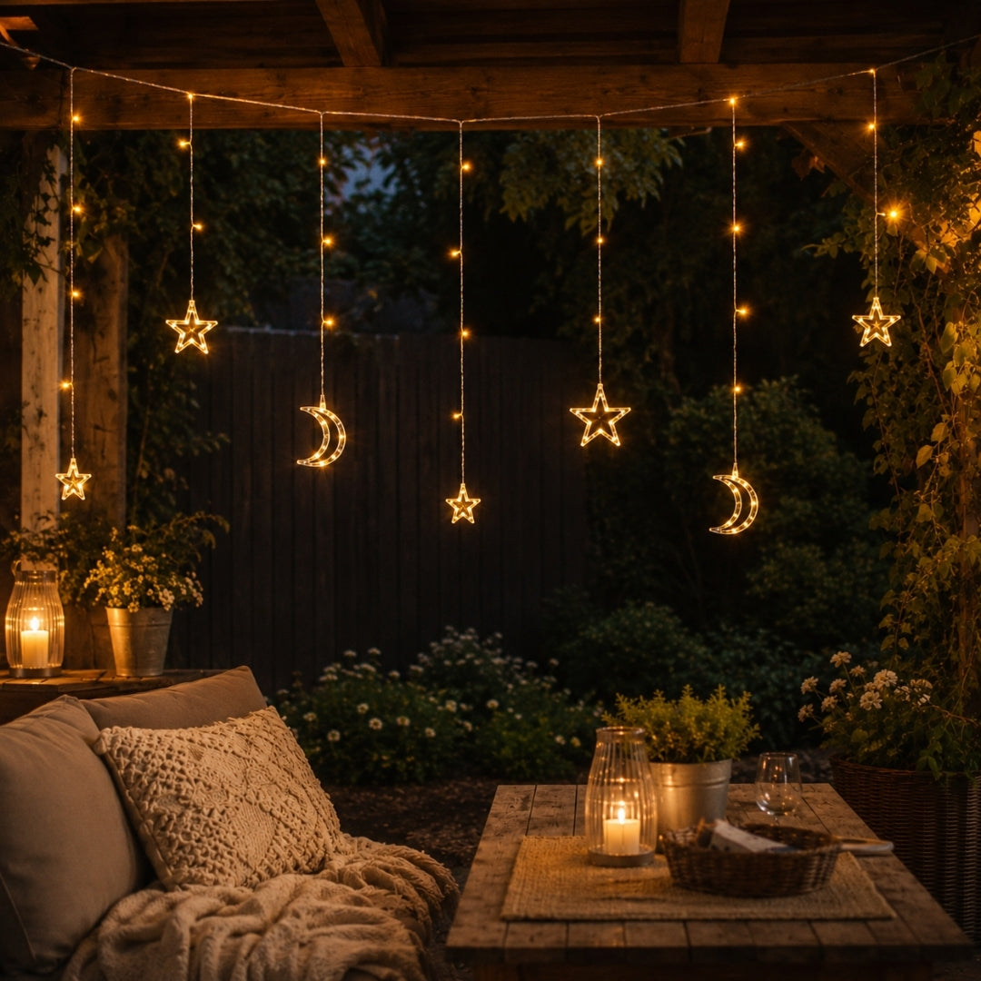 Moon and star curtain fairy lights displayed on a patio creating a soft warm ambience
