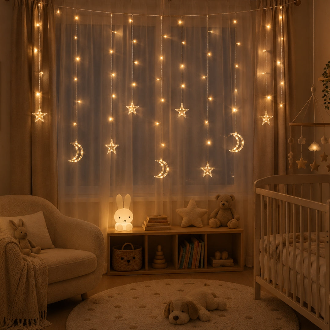 Moon and star curtain fairy lights hanging in a nursery bedroom creating a soft warm glow