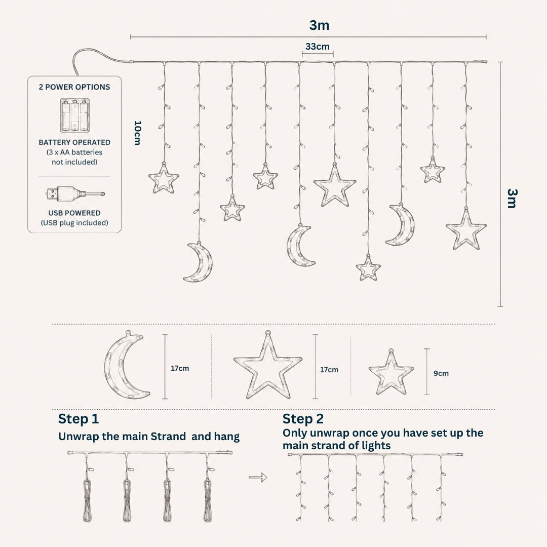 Measurement chart for a string of lights with stars and moons, showing dimensions and setup instructions.