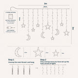 Measurement chart for a string of lights with stars and moons, showing dimensions and setup instructions.
