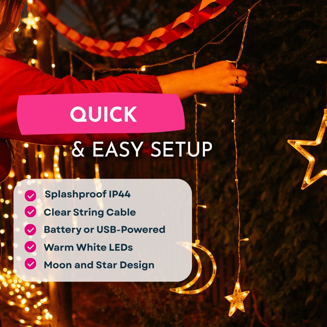 Easy setup guide and specs for Moon and Star Curtain Fairy Lights