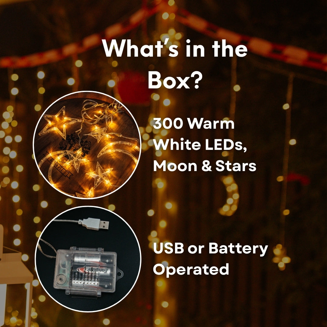 Contents of Moon and Star Curtain Fairy Lights box including remote control and USB cable