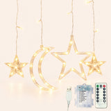 Moon and star curtain fairy lights on white background with remote control and battery.