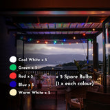 Multicolour Classic String Lights with all five coloured G40 globe bulbs glowing vibrantly in a styled South African outdoor lifestyle setting at dusk