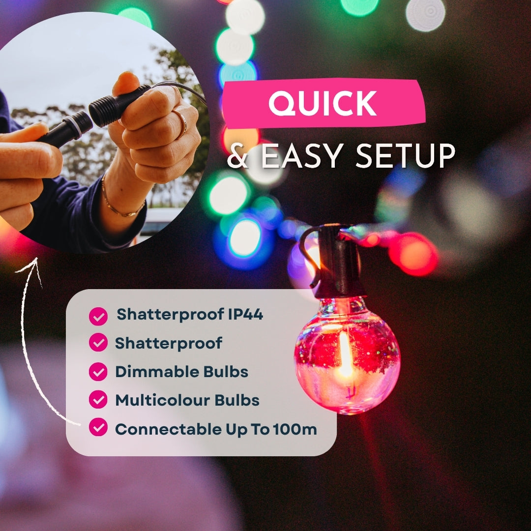 Decorative string lights with shatterproof bulbs, featuring a glowing pink globe bulb and a text overlay detailing product features like IP44 shatterproof protection and multicolor bulbs, with a circular inset showing hands holding the connector.