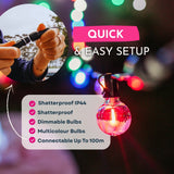 Decorative string lights with shatterproof bulbs, featuring a glowing pink globe bulb and a text overlay detailing product features like IP44 shatterproof protection and multicolor bulbs, with a circular inset showing hands holding the connector.