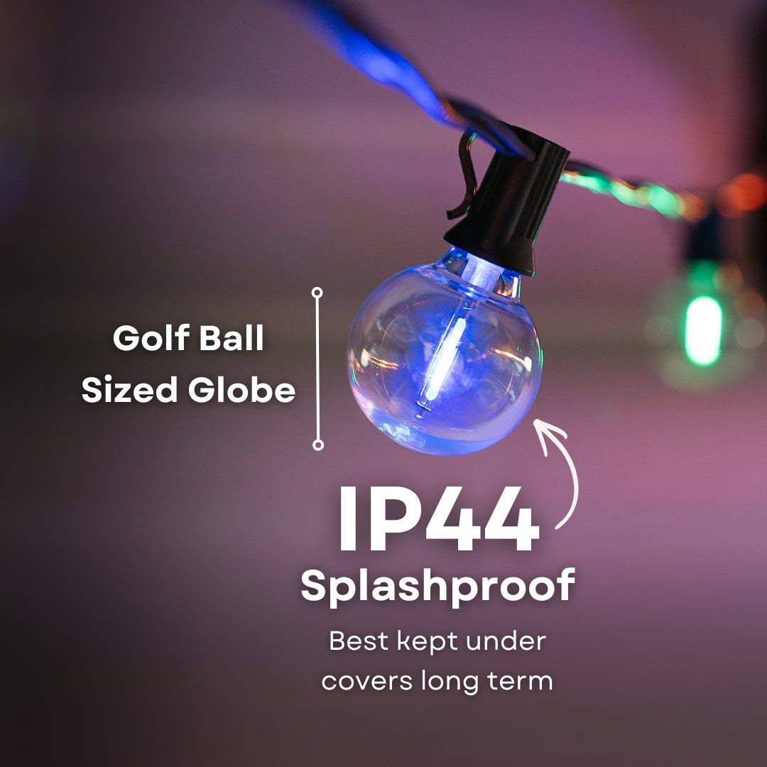 Multicolour Classic String Lights G40 globe bulb on black cable with IP44 splashproof callout for covered outdoor use