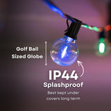 Multicolour Classic String Lights G40 globe bulb on black cable with IP44 splashproof callout for covered outdoor use