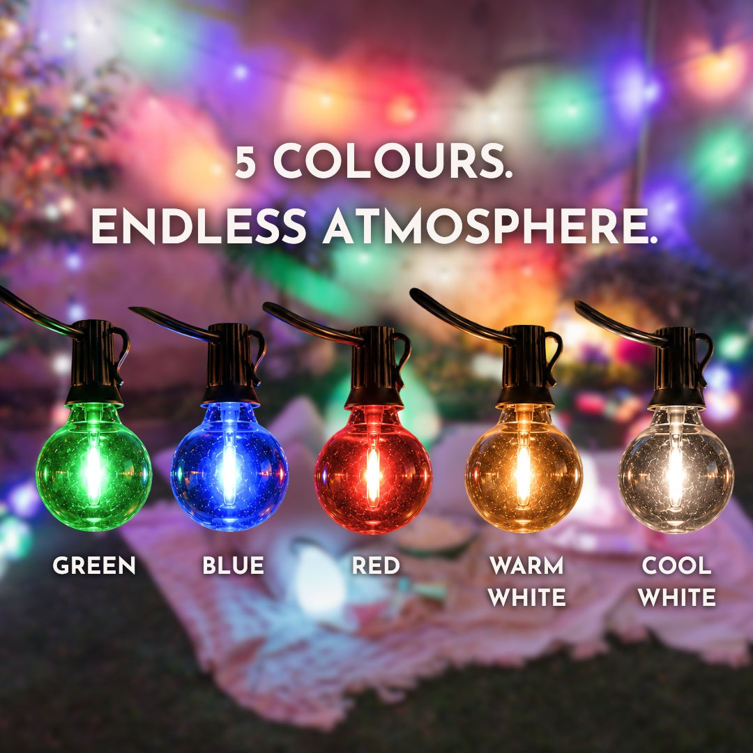 Five globe-shaped string light bulbs shown in different colors: green, blue, red, warm white, and cool white, with text reading '5 COLOURS. ENDLESS ATMOSPHERE.