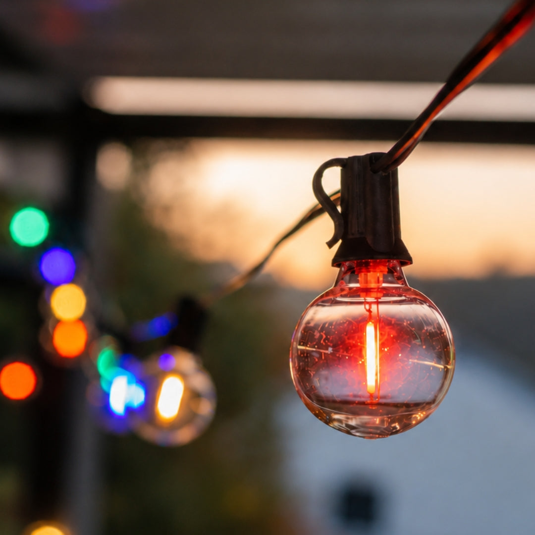 Multicolour Classic String Lights with 25 multicolour G40 globe bulbs on black cable glowing in a styled South African outdoor space creating a festive colourful atmosphere