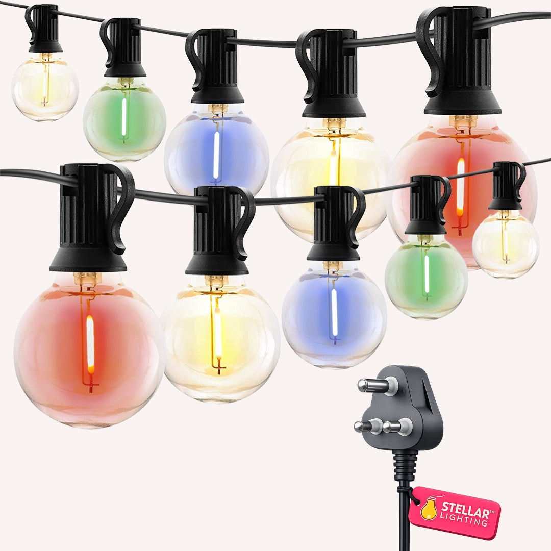 Multicolour Classic String Lights flat lay showing 25 multicolour G40 globe bulbs on black cable with South African 3-pin plug on a light background
