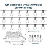 Technical line drawing of Multicolour Classic String Lights showing 10m black cable with 25 multicolour G40 bulbs at 30cm spacing, South African 3-pin plug, and connectable callout