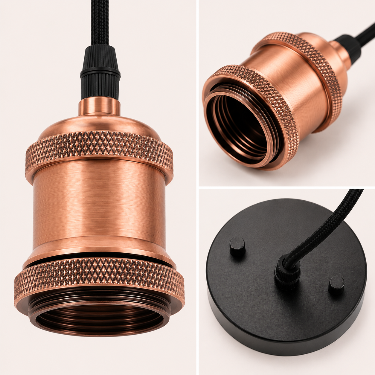 Three-panel close-up of copper pendant fitting cable showing knurled E27 socket detail, interior thread, and black ceiling rose with black braided cable