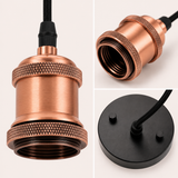 Three-panel close-up of copper pendant fitting cable showing knurled E27 socket detail, interior thread, and black ceiling rose with black braided cable