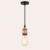 Copper pendant fitting cable hanging from black ceiling rose with vintage Edison filament bulb fitted, shown at full 90cm drop on a light background