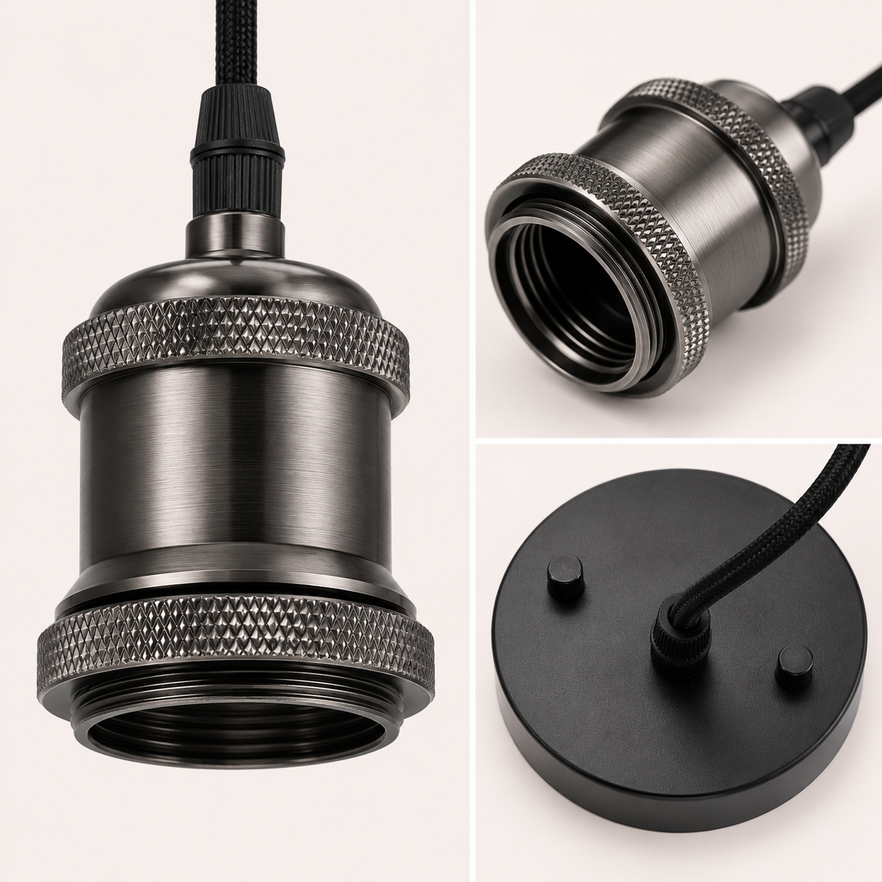Three-panel close-up of gun metal pendant fitting cable showing knurled E27 socket detail, interior thread, and black ceiling rose with black braided cable