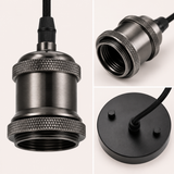 Three-panel close-up of gun metal pendant fitting cable showing knurled E27 socket detail, interior thread, and black ceiling rose with black braided cable