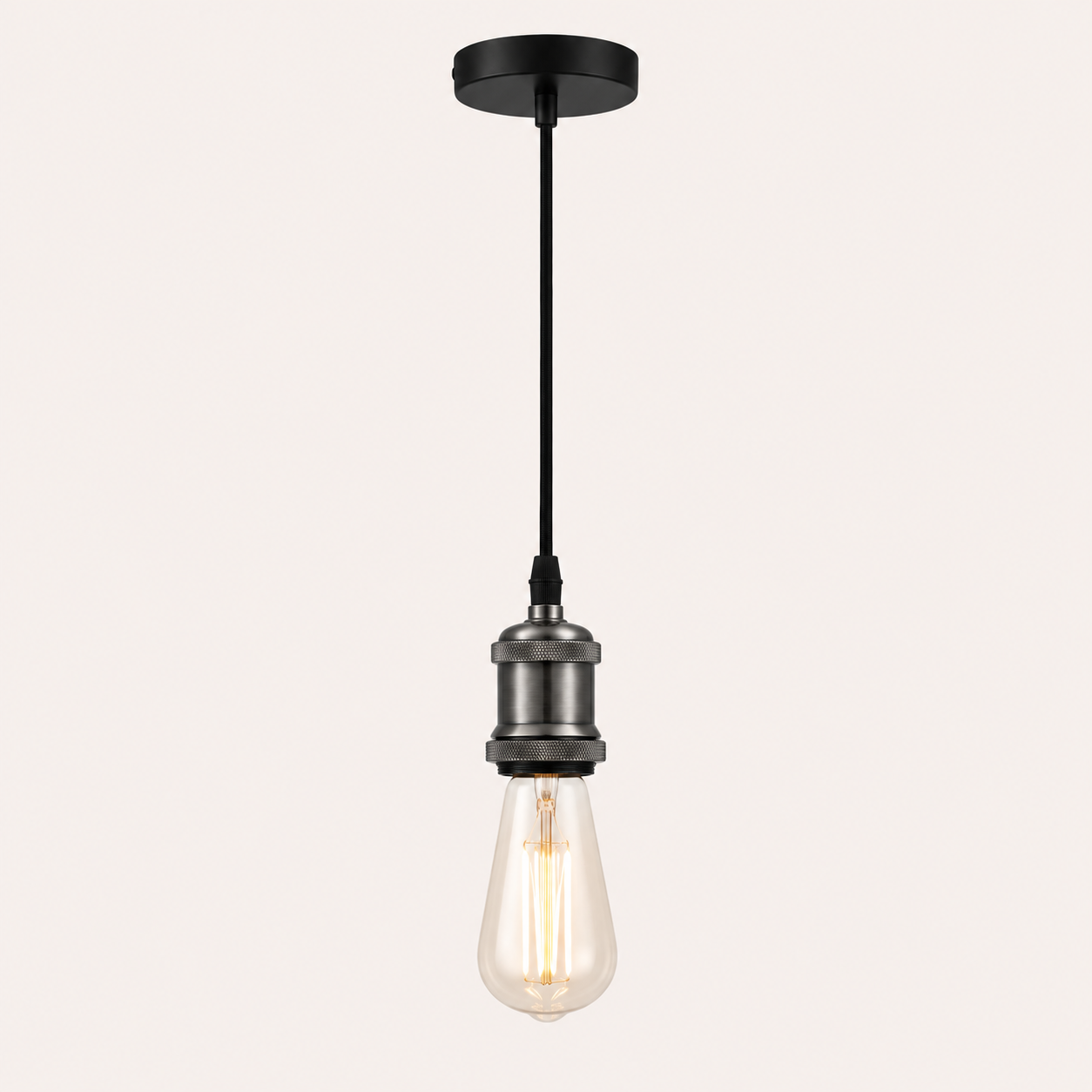 Gun metal pendant fitting cable hanging from black ceiling rose with vintage Edison filament bulb fitted, shown at full 90cm drop on a light background
