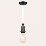 Gun metal pendant fitting cable hanging from black ceiling rose with vintage Edison filament bulb fitted, shown at full 90cm drop on a light background