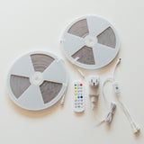 Two 10m RGBIC LED strip light reels with remote control, plug and connector cables