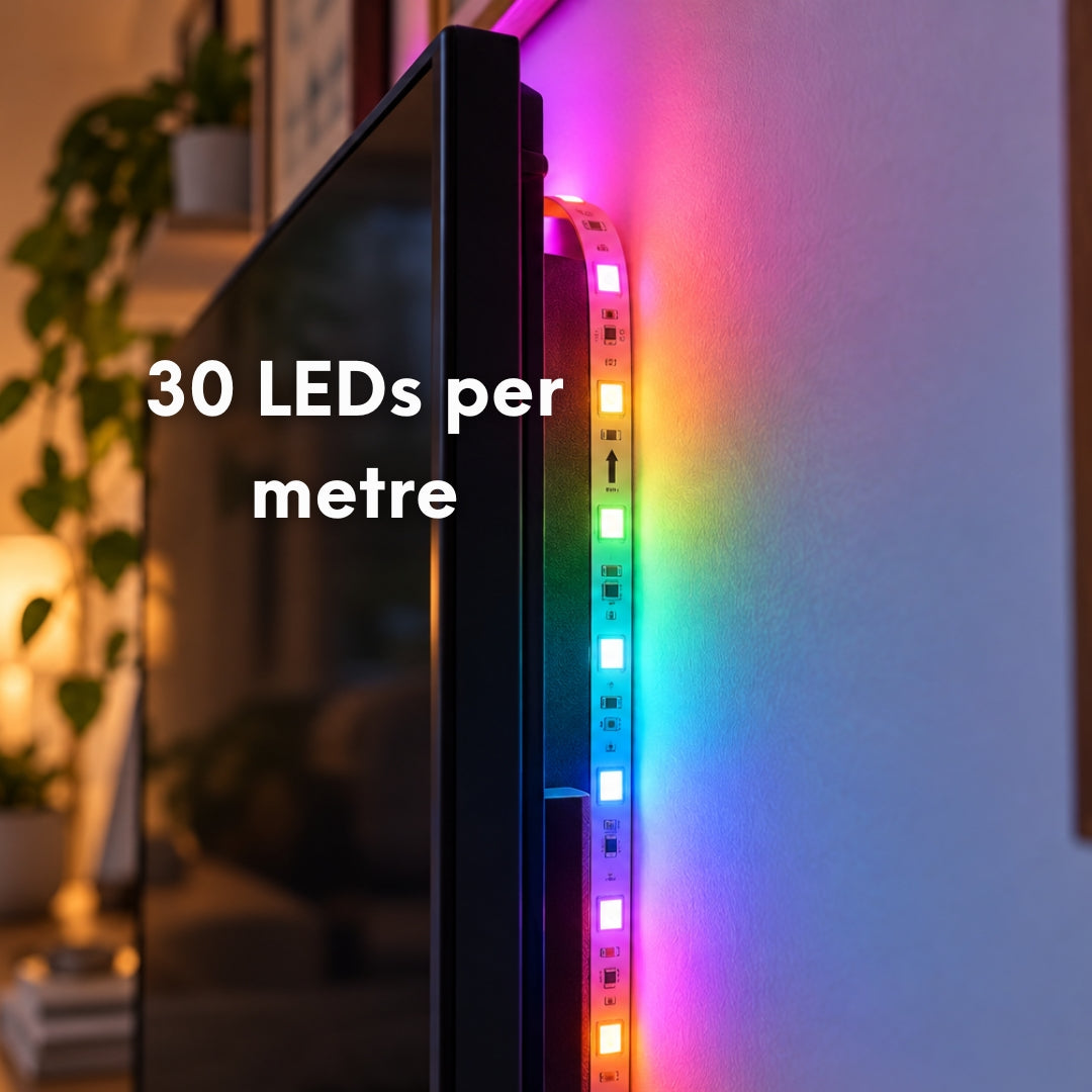 Close-up of RGBIC LED strip light behind a TV showing 30 LEDs per metre density