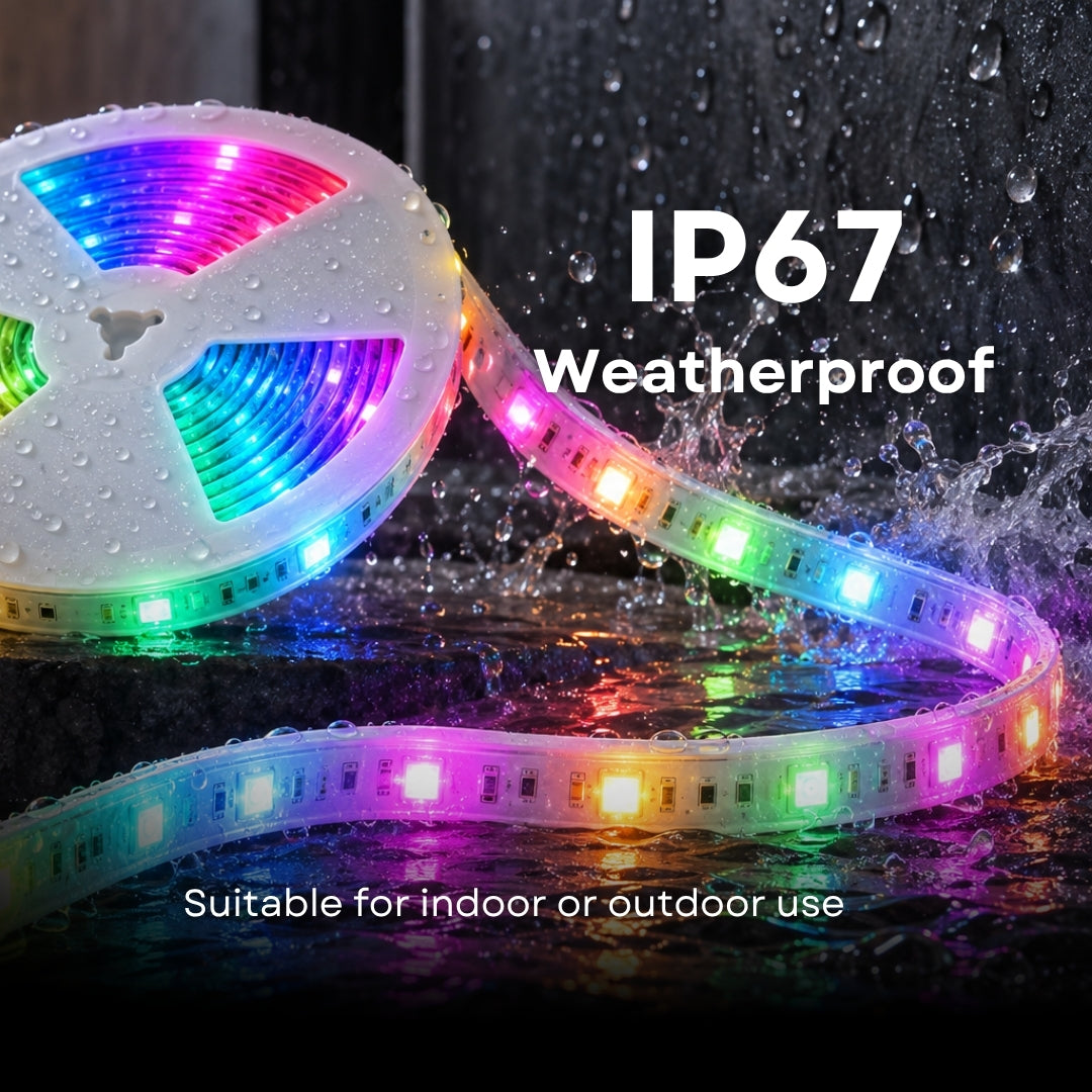 RGBIC LED strip light splashed with water, IP67 weatherproof for indoor or outdoor use