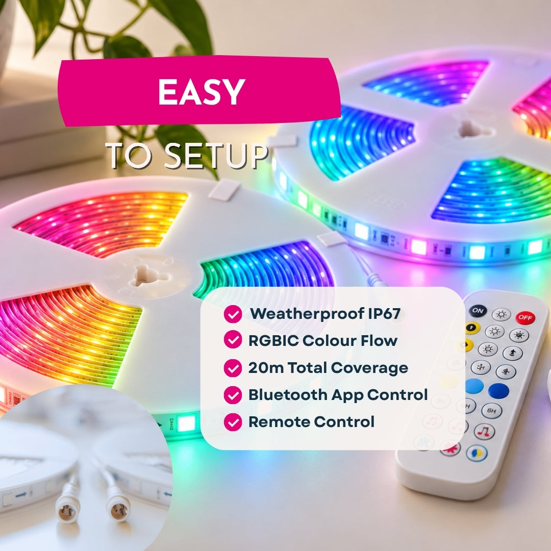 RGBIC LED strip light features: weatherproof IP67, colour flow, 20m coverage, app and remote control