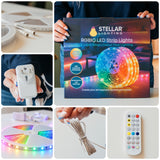 Unboxing collage of RGBIC LED strip lights showing packaging, plug, remote and cables