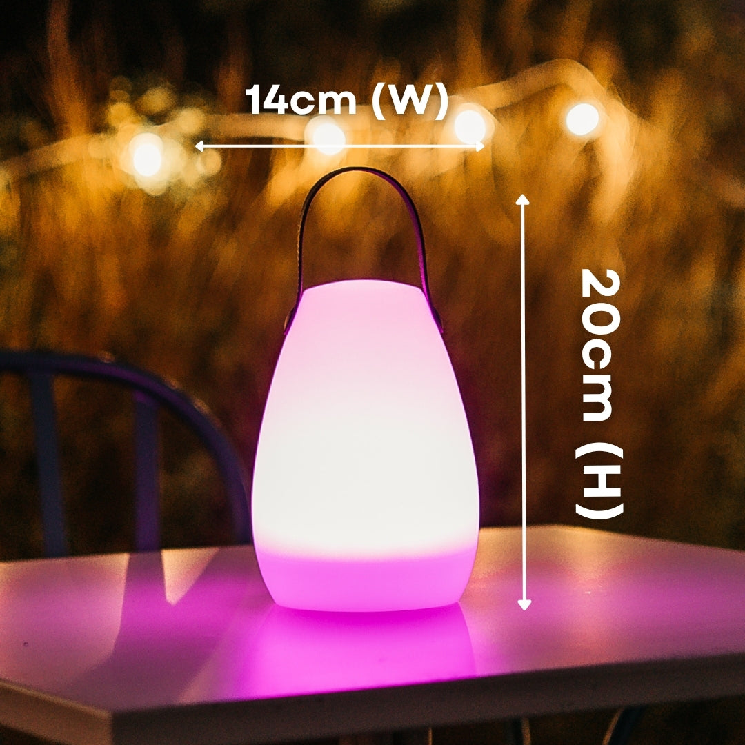 Rechargeable RGB camping lantern showing dimensions of 14cm length, 14cm width, and 20cm height