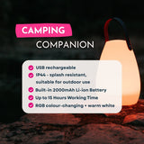 Specs infographic for rechargeable RGB camping lantern showing USB rechargeable, IP44 splash resistant, 1200mAh battery, up to 15 hours run time, and RGB colour-changing and warm white modes