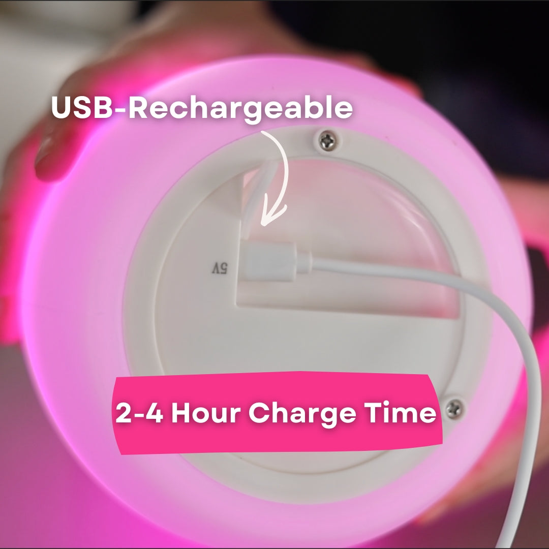Rechargeable RGB camping lantern showing USB charging port with 2 to 4 hour charge time callout