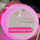 Rechargeable RGB camping lantern showing USB charging port with 2 to 4 hour charge time callout