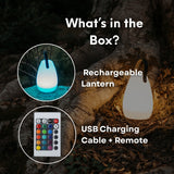 What's in the box graphic for rechargeable RGB camping lantern showing lantern, USB charging cable, and remote control included
