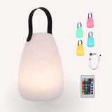 Rechargeable RGB camping lantern on white background showing colour-changing modes, USB charging cable, and remote control included