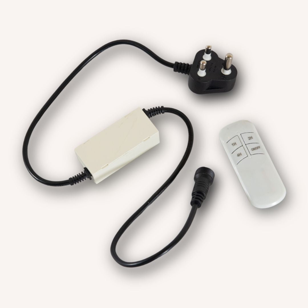 Festoon Remote On/Off Switch and Timer showing plug, control unit, connector cable, and remote