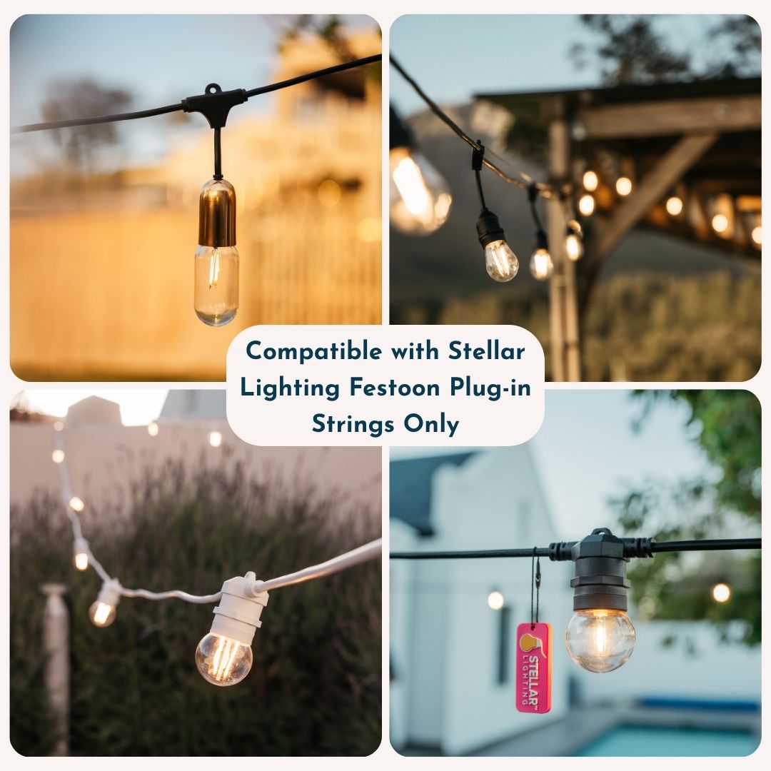 Collage of Stellar Lighting Festoon plug-in string lights showing compatibility with the Festoon Remote On/Off Switch and Timer