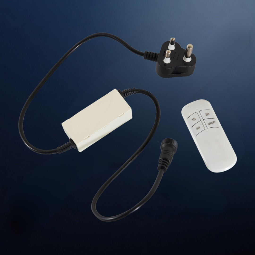 Festoon Remote On/Off Switch and Timer on dark background showing plug, control unit, and remote