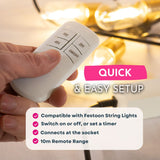 Festoon Remote On/Off Switch and Timer setup graphic listing compatibility, on/off and timer function, socket connection, and 10m remote range
